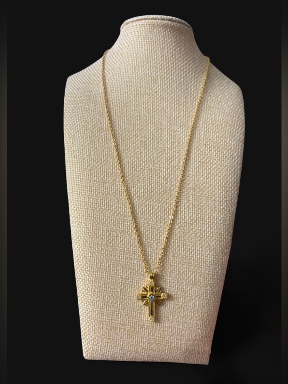 Vintage Signed Avon Starburst Cross Blue Crystal Necklace